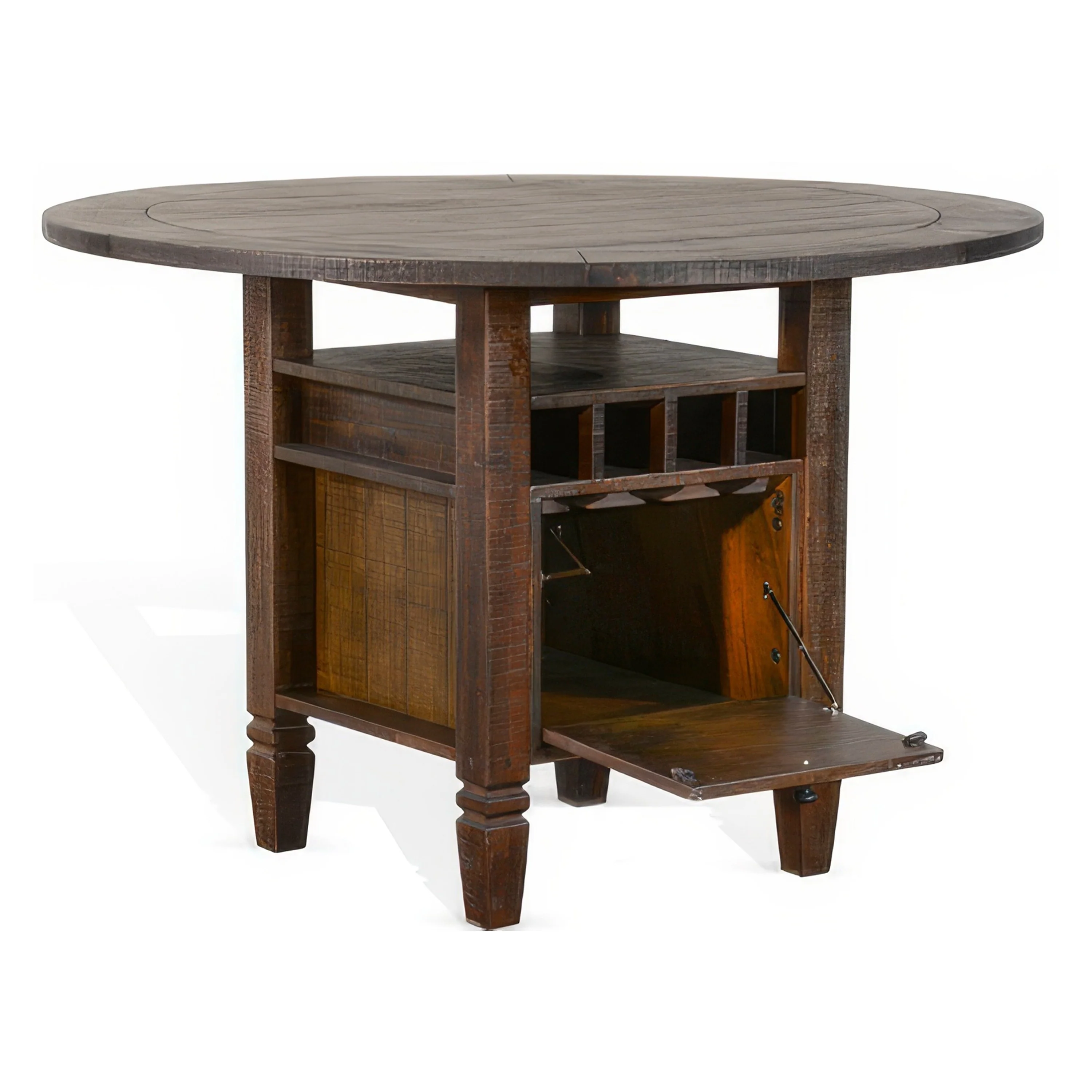 Flint Counter Height Table, 54 Inch Round, Brown Storage Pedestal Base