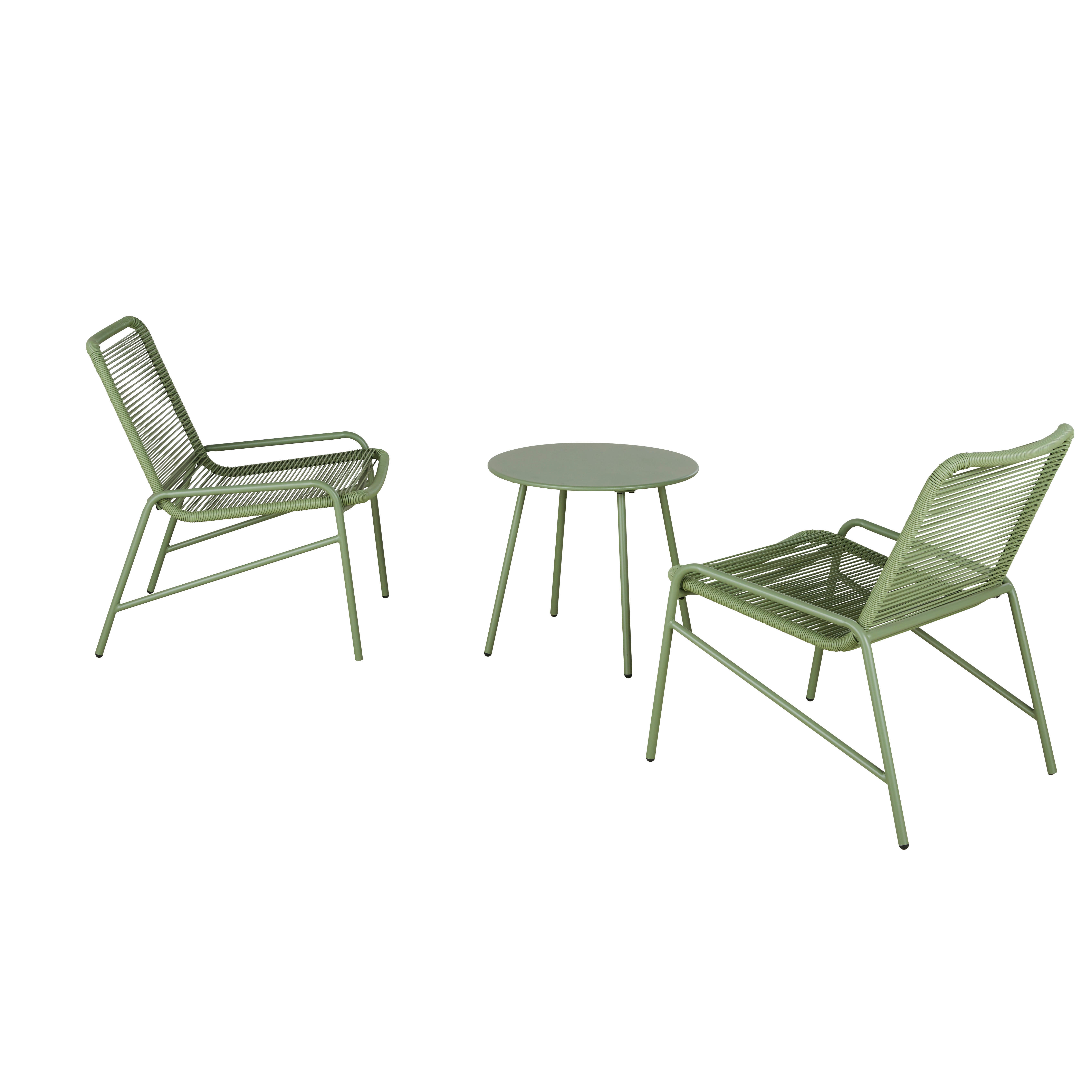 Uvita - Ensemble 2 fauteuils de jardin en résine recyclé et table basse en acier vert