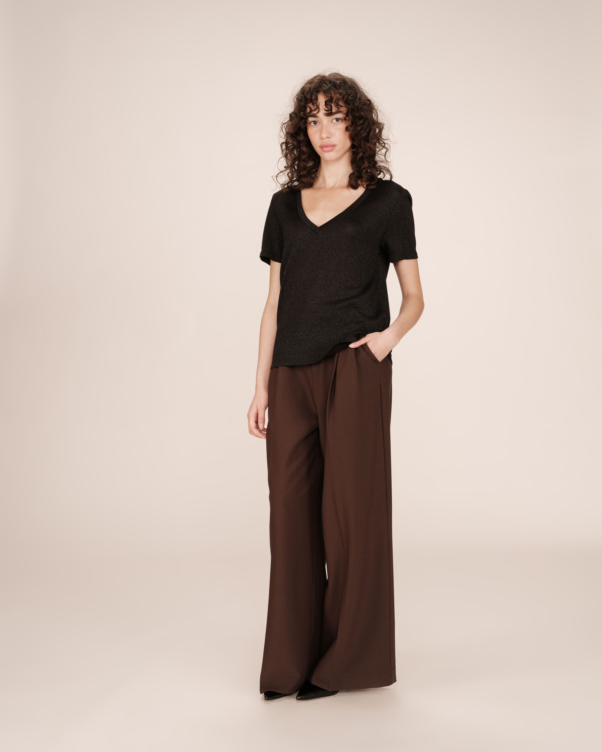 T-shirt col v en lurex noir Stardust