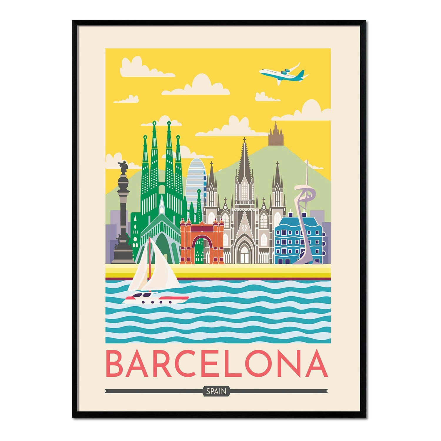 CIUDADES - Affiche avec cadre noir - Barcelone - 50x70