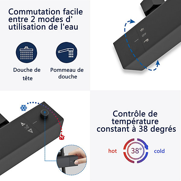 AICA colonne de douche thermostatique avec pomme de tête, douchette et flexible,carré,noir
