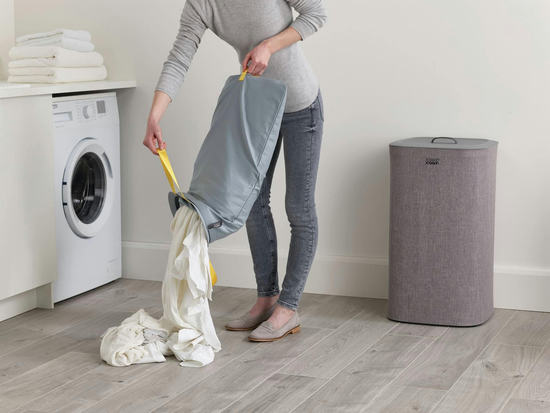Joseph & Joseph Easy-Empty Smart Laundry Basket with Lid, Foldable, Grey, 60-L