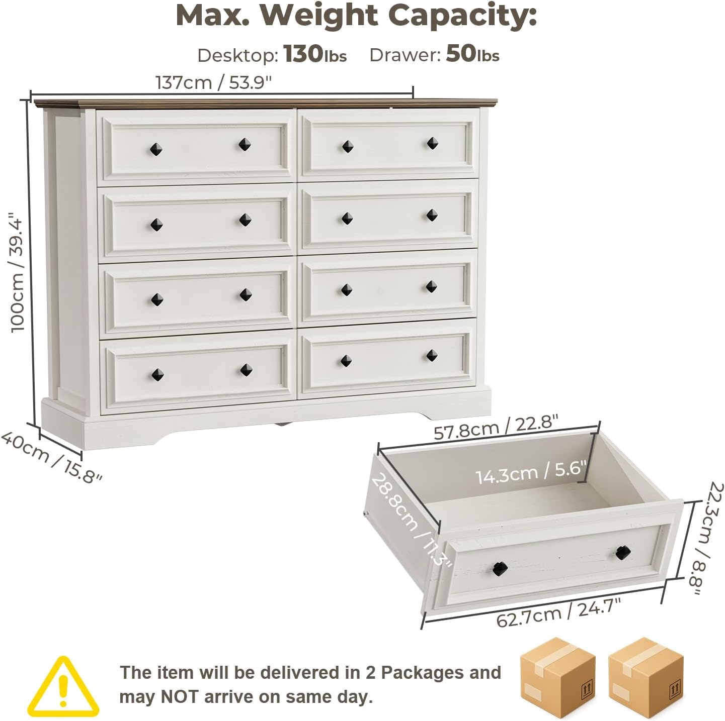 Farmhouse 8 Drawer Dresser for Bedroom, 54 Wide Wood Dresser with Natural Texture, Vintage Metal Double Hand Knobs, Rustic Chest of Drawers for Bedroom, Living Room, Hallway, Antique White