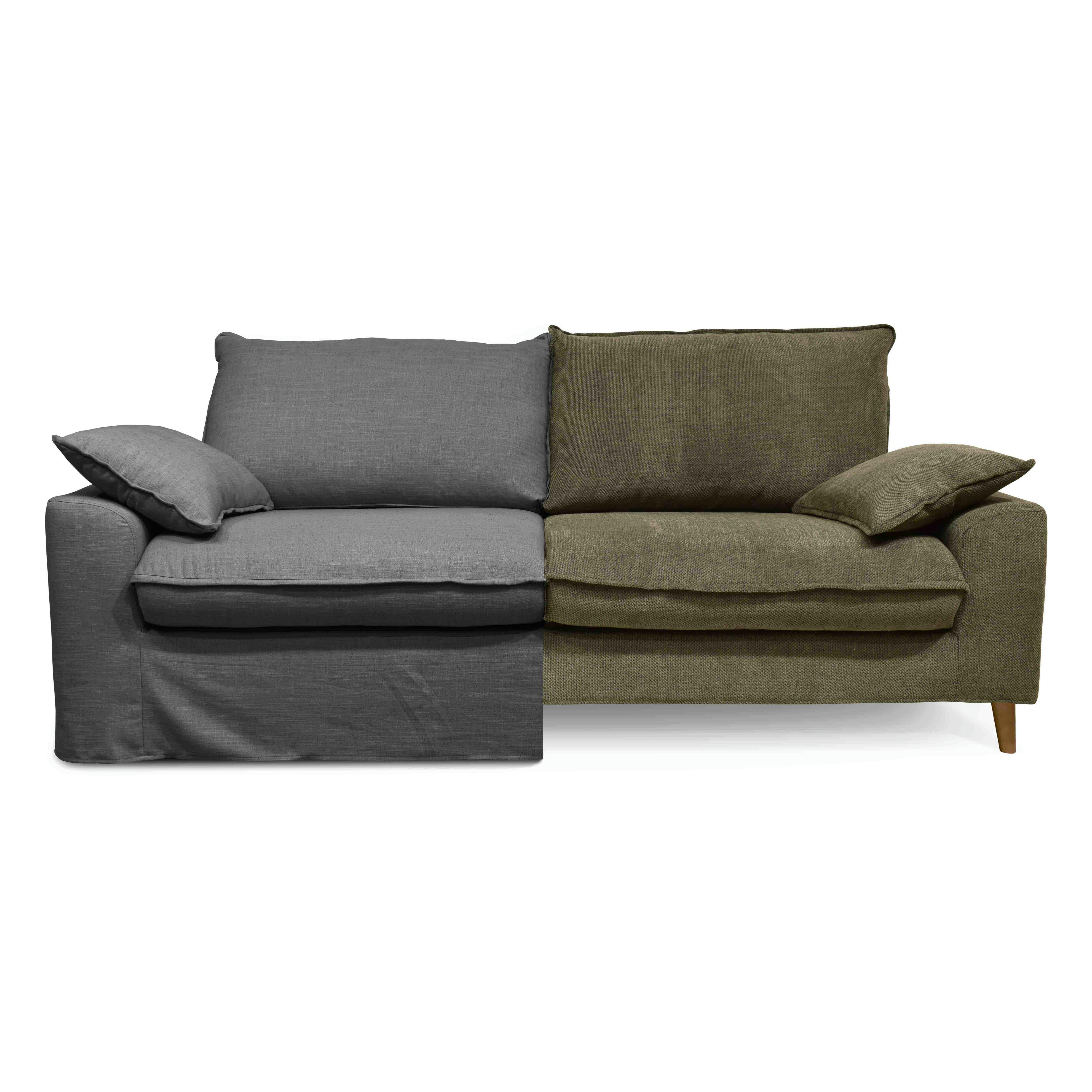 JAROD - Canapé tissu lin gris avec une housse supplémentaire tissu vert kaki