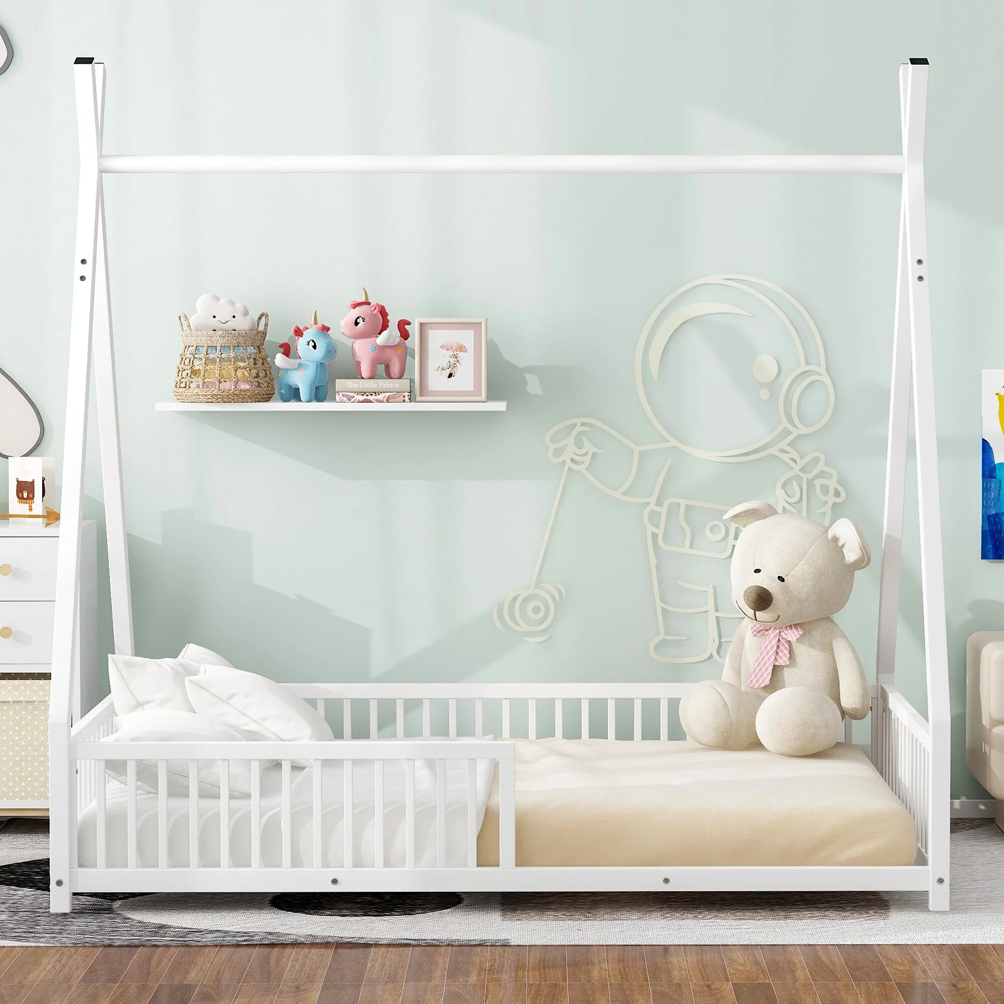 Twin Size Metal House Platform Bed with Guardrail