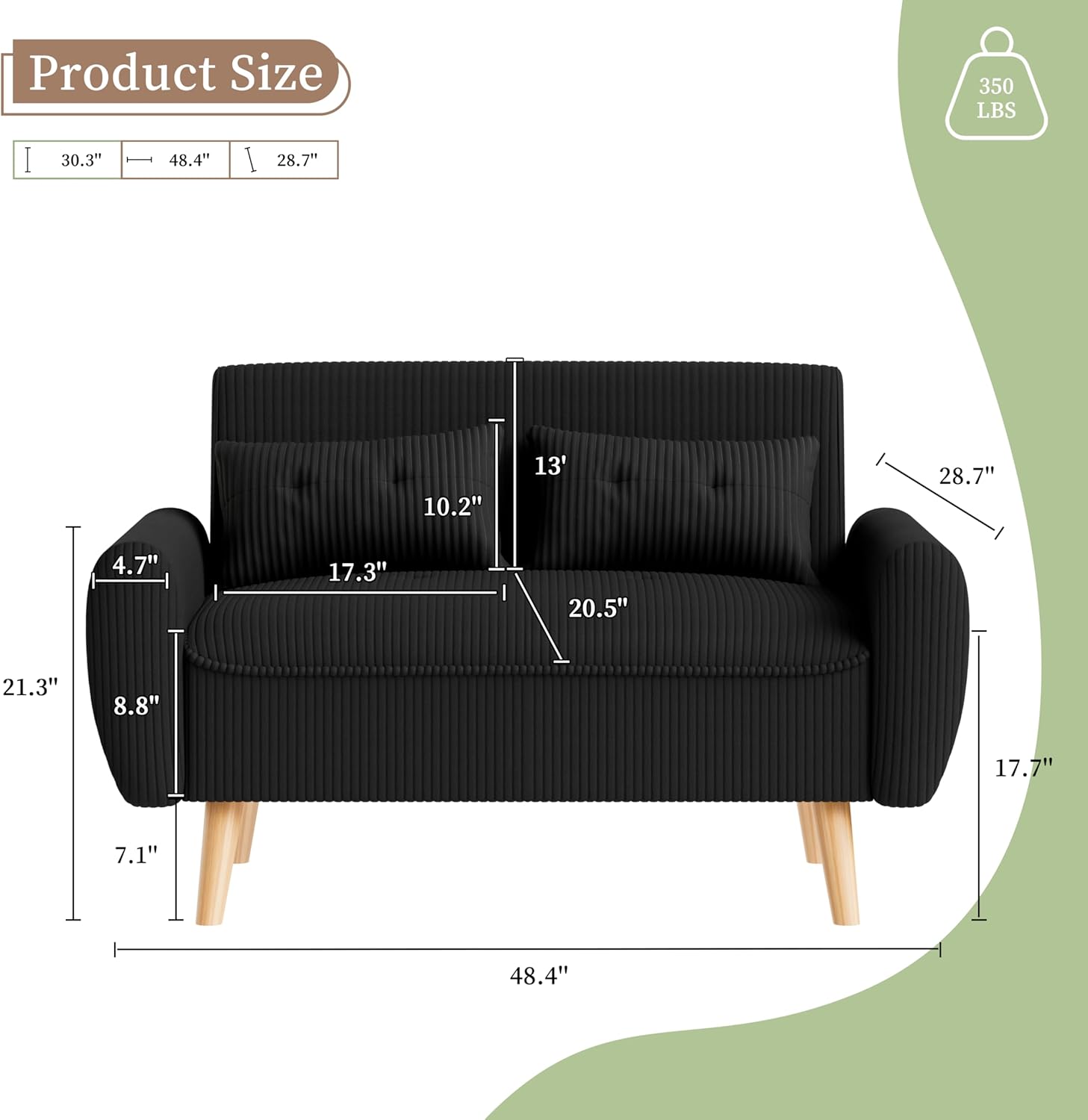Vongrasig 48 Small Modern Loveseat Sofa, Mid Century Soft Corduroy Fabric 2-Seat Sofa Couch Tufted Love Seat with Back Cushions and Tapered Legs for Living Room, Bedroom and Small Space (Black)