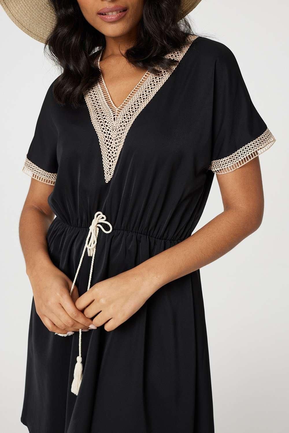 Izabel London Lace Tassel Waist Tie Short Dress