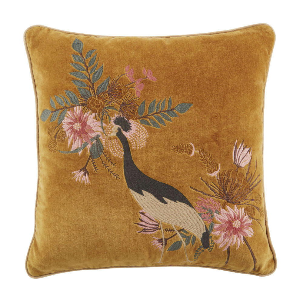 ALTAVILLA - Coussin en velours de coton brodé imprimé oiseau multicolore 45x45