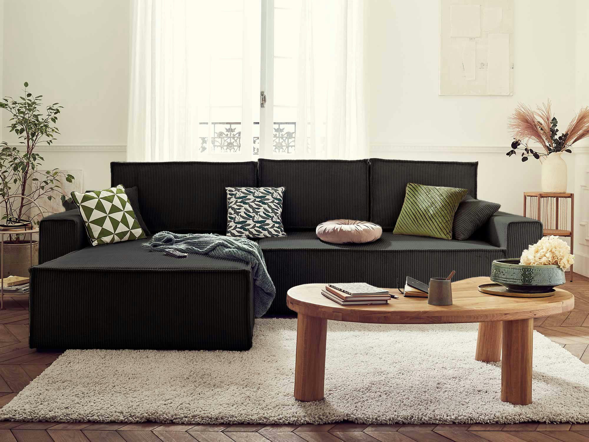 DELLIA - Canapé d'angle réversible convertible 4 places en velours côtelé gris