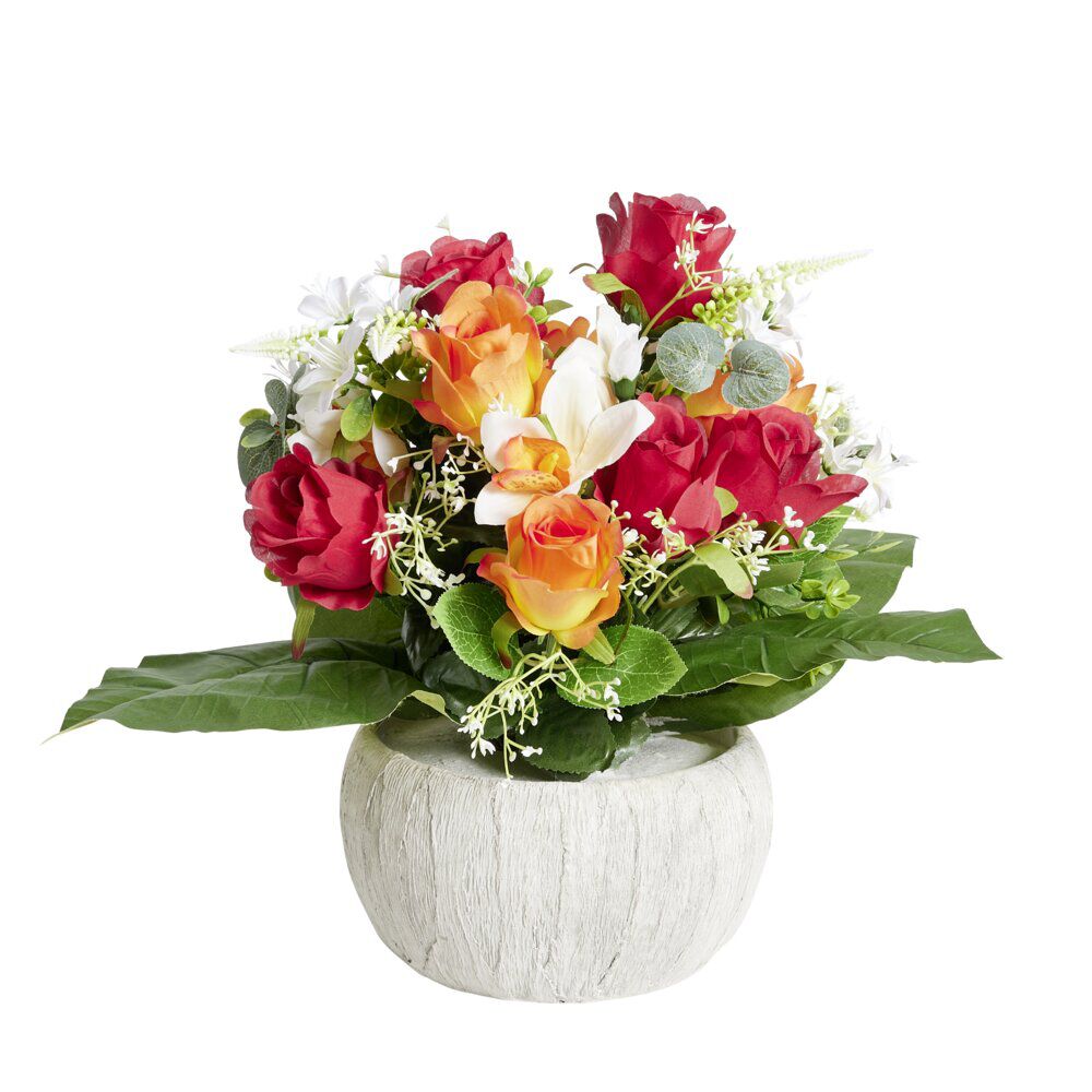 Composition florale artificielle rose orchidée bruyère orange vasque Ø40cm