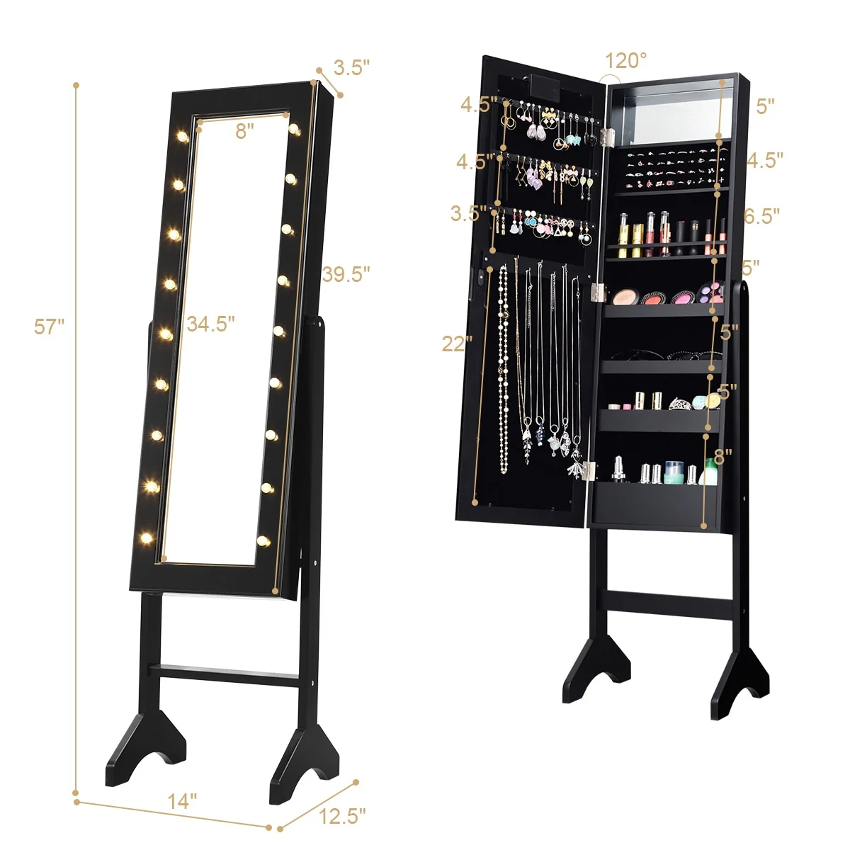 Costway Mirrored Jewelry Cabinet Organizer w/18 LED lights Black
