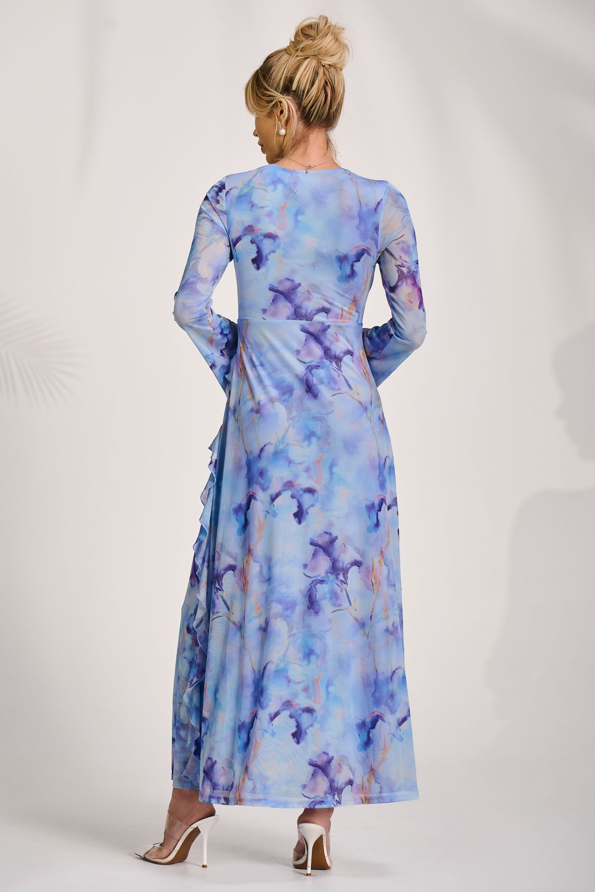 Jolie Moi Long Sleeve Ruffle Mesh Maxi Dress