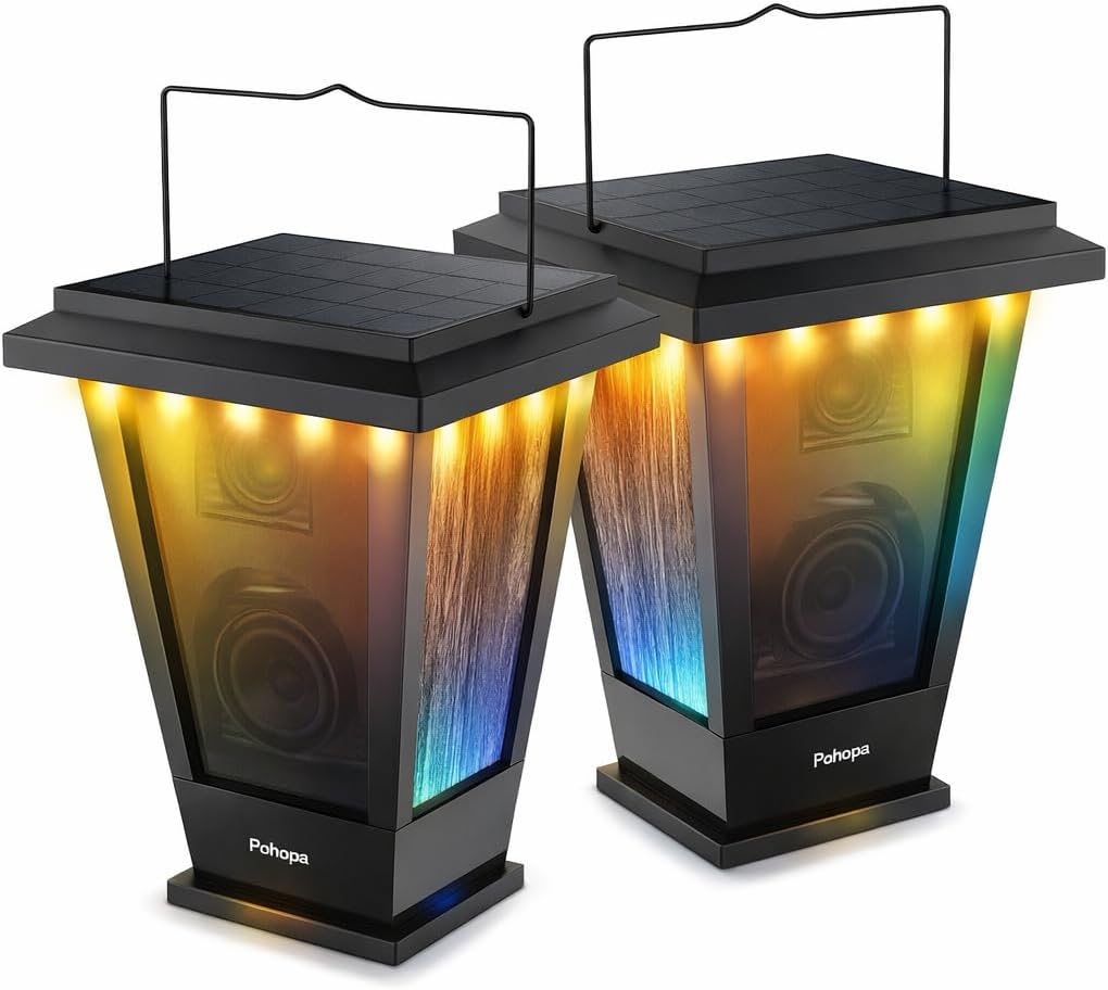 pohopa Bluetooth Speakers Waterproof, Solar Powered 2 Packs True Wireless Stereo Sound 20W Auto Dual Pairing Indoor Outdoor Speakers with 20 Piece Sound Responsive Colored LED Lights, Richer Bass