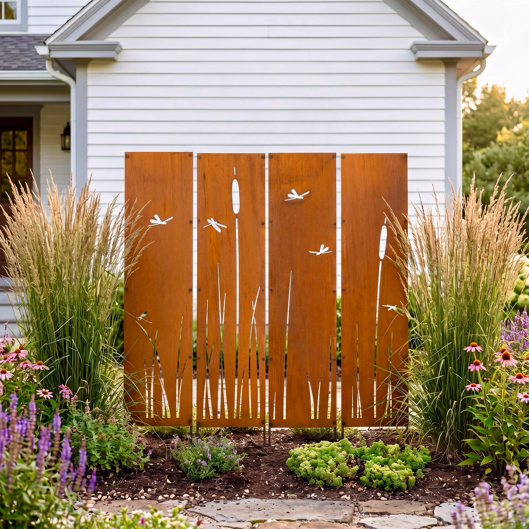 Dragonfly Cattail Pond Panels | Rustic Landscape Privacy Screens (12x48