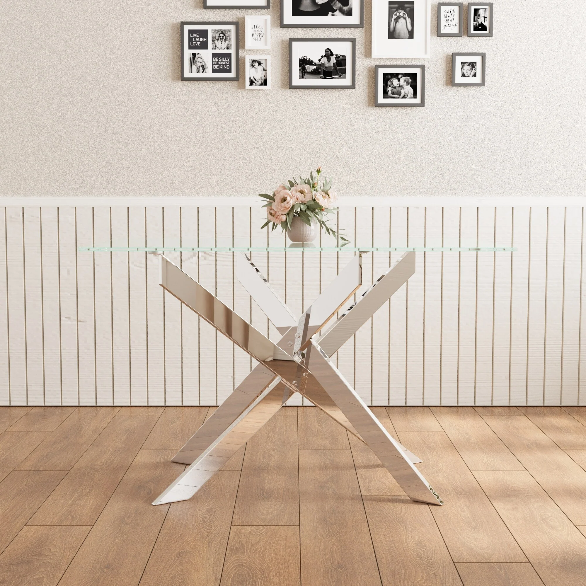 47.2-inch modern minimalist tempered glass coffee table, metal leg rectangular dining table, transparent glass dining table