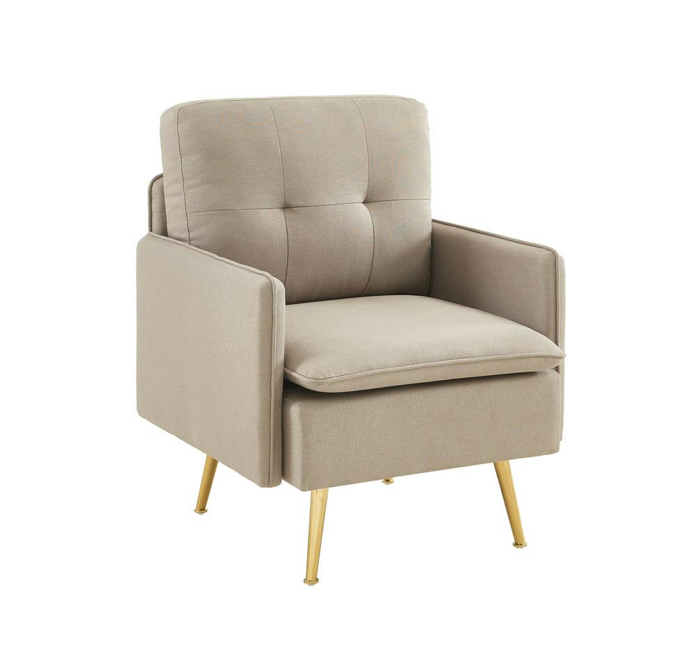 ADAM - Fauteuil  tissu grège avec piètement en métal doré