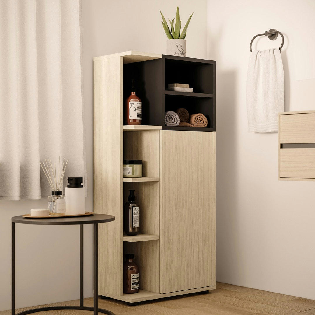 KUBE - Meuble de salle de bain effet bois chêne clair et noir