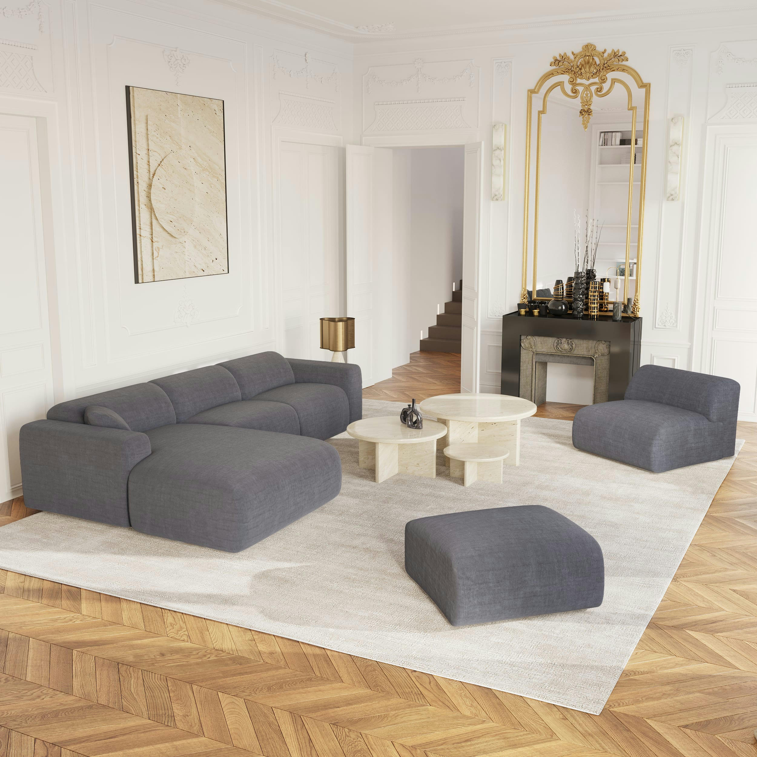 MYRA - Canapé grand angle gauche velours texturé gris