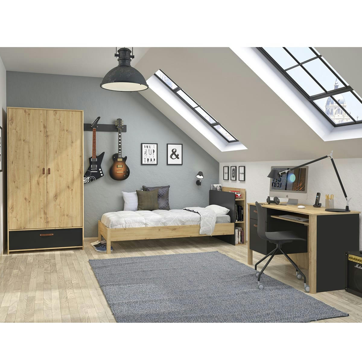 GAVIN - Armoire 2 portes effet bois marron avec 1 tiroir chêne noir