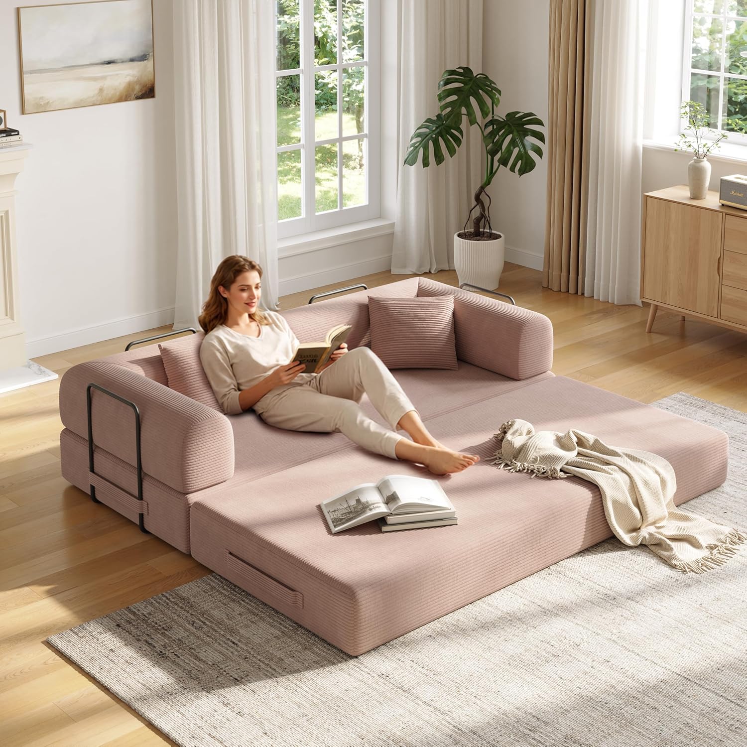 79in Convertible Sofa Bed, Corduroy Boneless Couch Bed, Futon Sleeper Sofa Pull Out Bed, Foldable Couch for Living Room Apartment, No Assembly Required