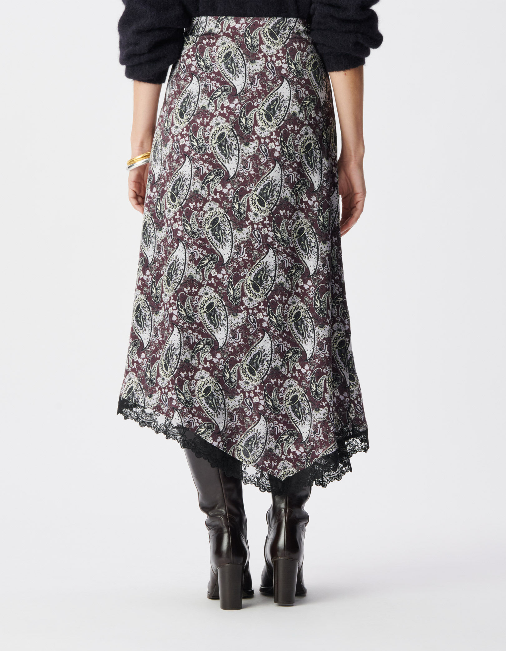 Jupe longue asymétrique cassis motif cachemire Femme