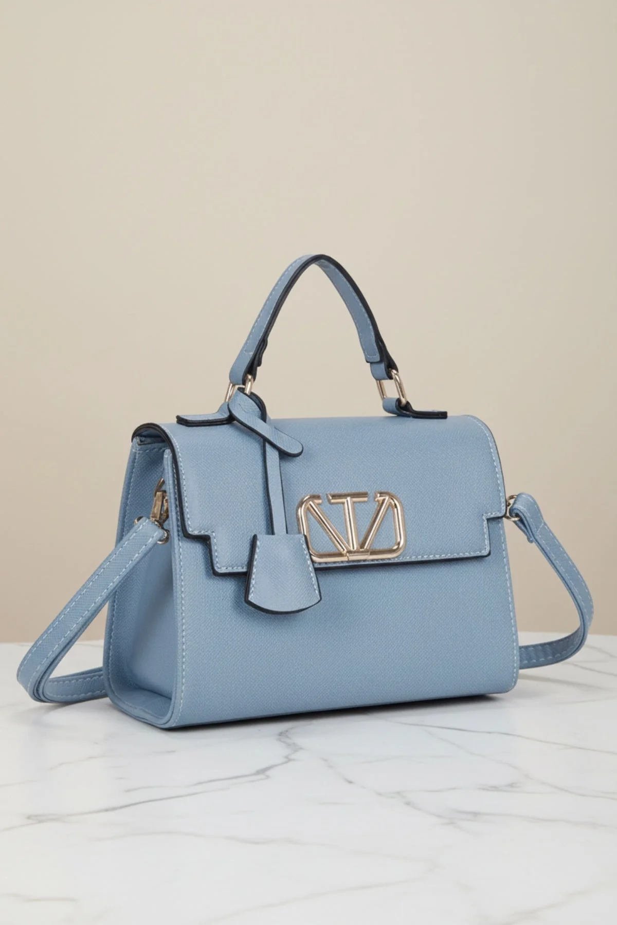 Blue Grab Handle Flap Bag