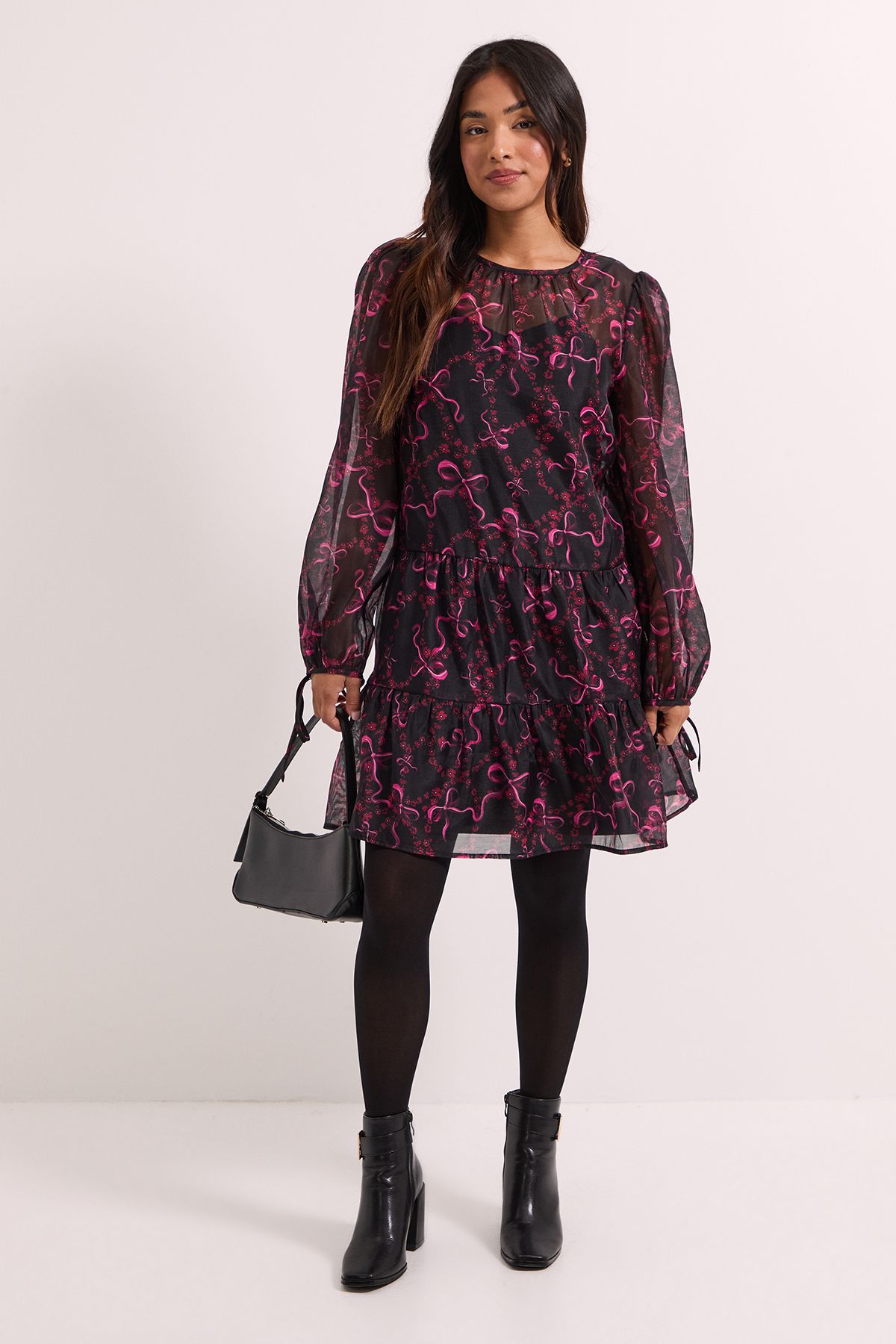 Dorothy Perkins Petite DP Luxe Printed Organza Blouson Sleeve Mini Dress