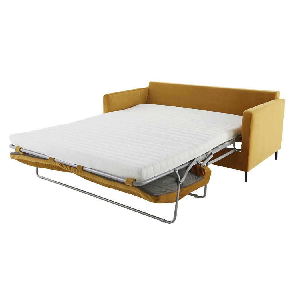 Julian - Canapé convertible 2/3 places en velours jaune moutarde, matelas 10 cm