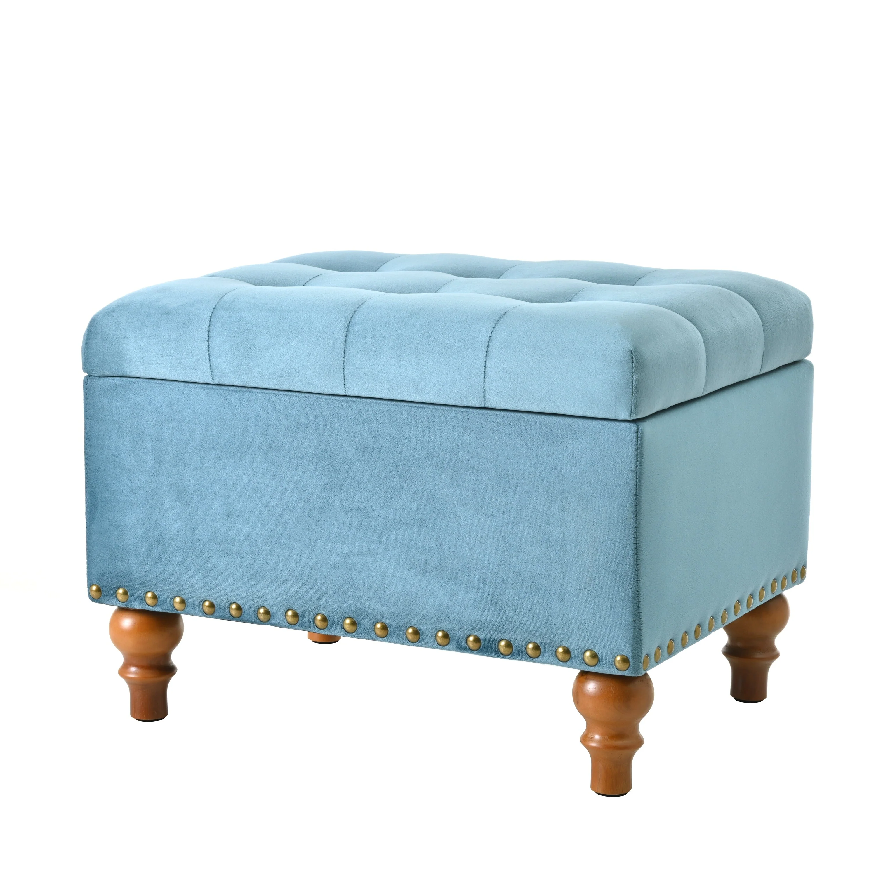 Square velvet upholstered Ottoman with storage space, hidden support hinges with easy to open top, rivets trim around (Light )