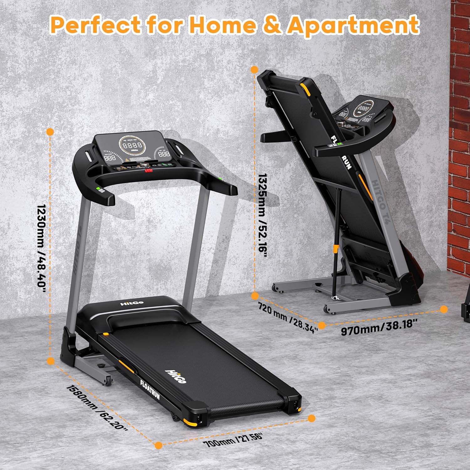 HitGo Treadmill with 15% Auto Incline,10 MPH High Speed Running Machine for Home Gym,Silent Brushless Motor,265lbs Weight Capacity,Air Cushion Shock Absorption,Bluetooth App Kinomap HitGo,Black