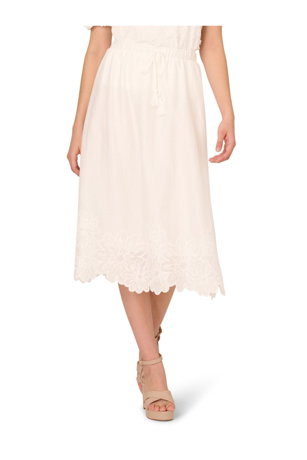 Adrianna Papell Midi Length Crinkled Pull On Flower Embroidered Hem Skirt