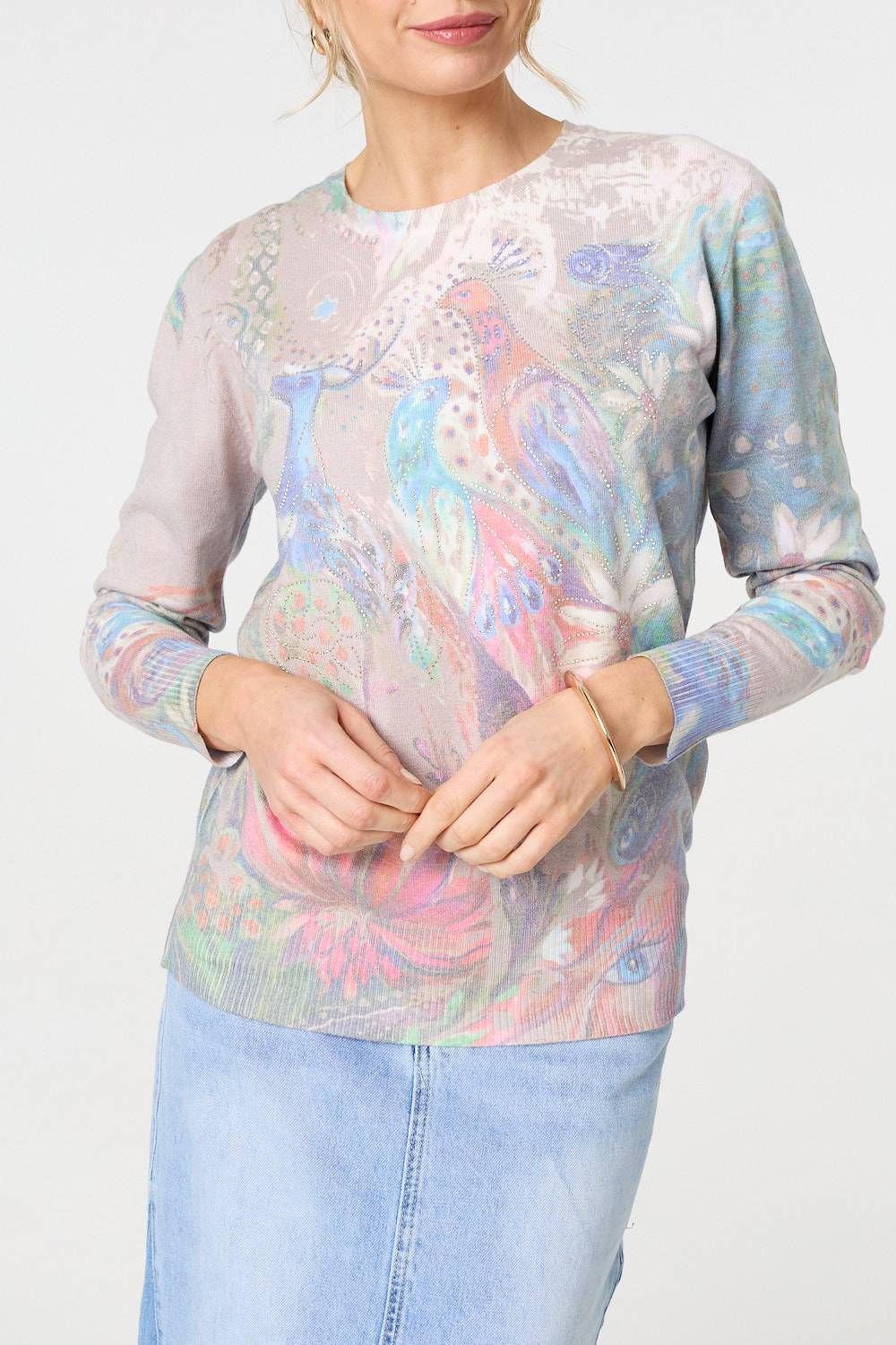 Izabel London Peacock Print Diamante Studded Knit Top