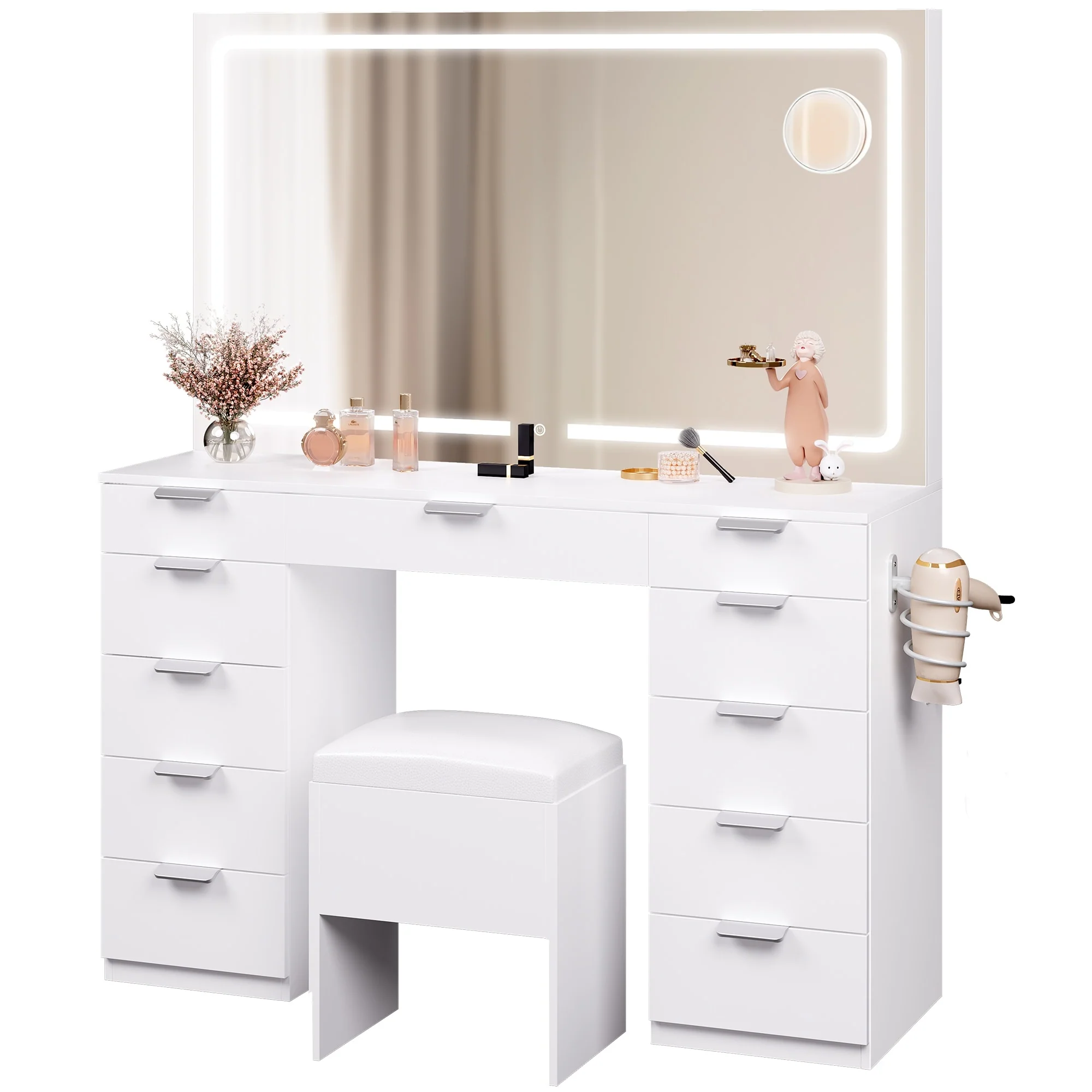 46'' Vanity Desk Set with Large LED Mirror Power Outlet Makeup Vanity