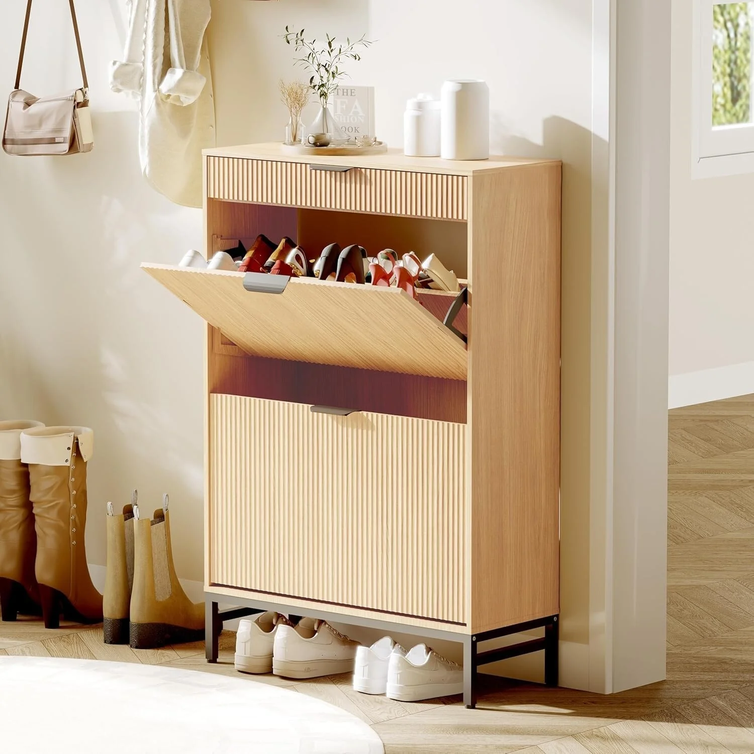 Fluted Shoe Storage Cabinet, Narrow Shoe Organizer with 2 Flip Drawers