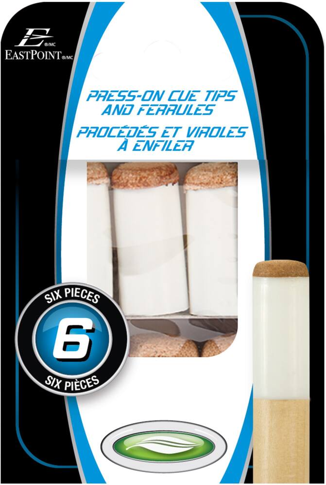 EastPoint Press-On Billiard/Pool Cue Ferrules & Leather Tips, 12mm, 6-pk
