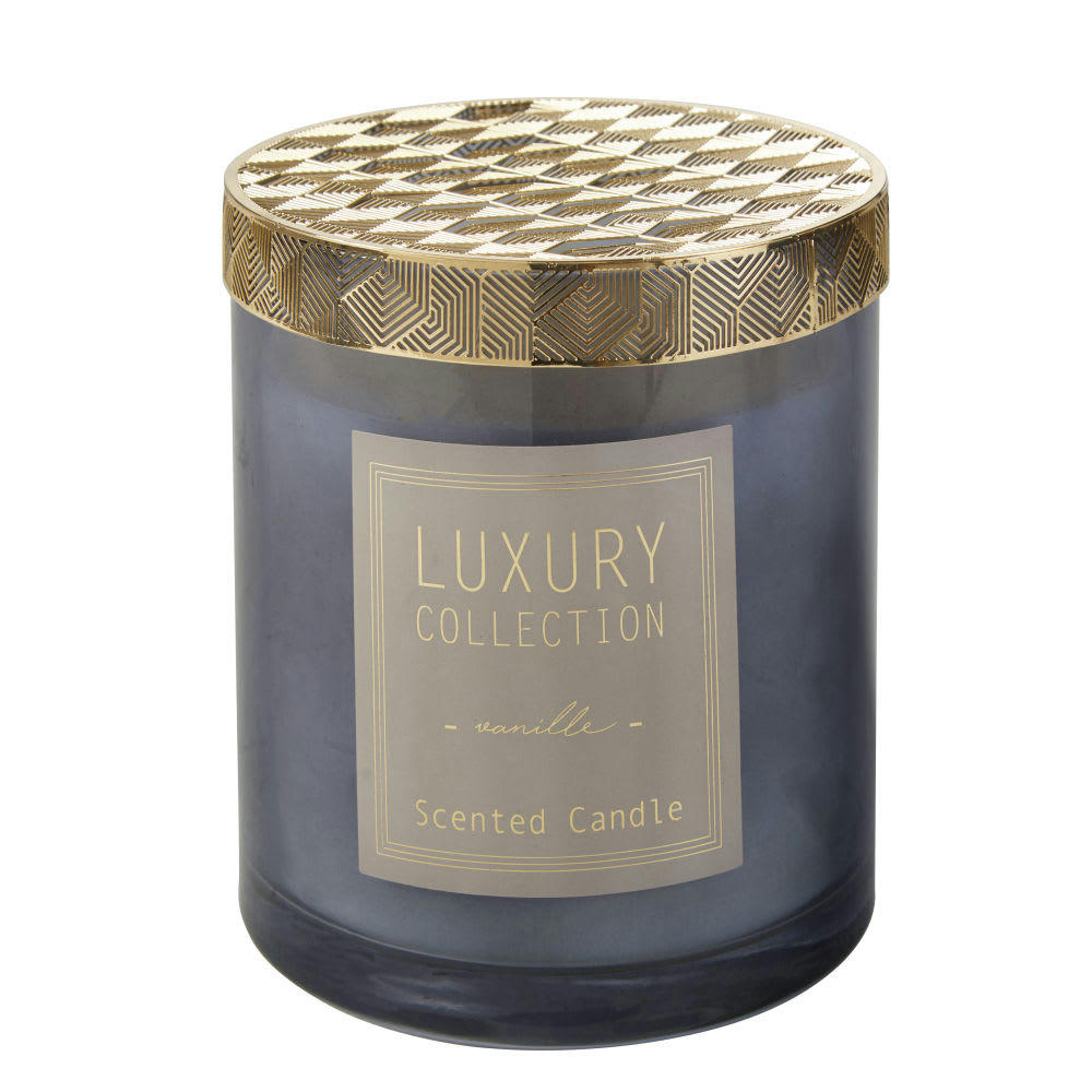 - Bougie parfumée en verre gris anthracite et couvercle en métal doré 840g