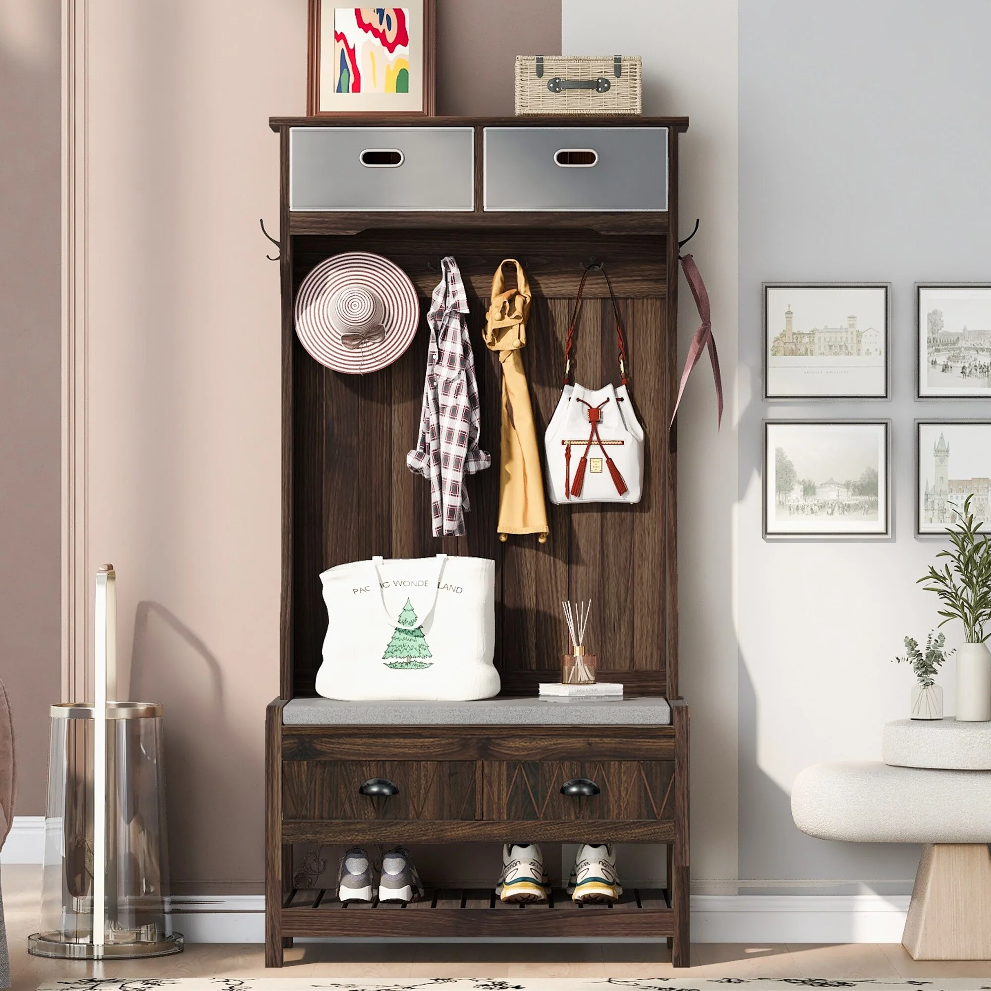 Hall Tree Coat Rack with Storage Bench, Entryway Bench with Shoe Rack and 6 Hooks, 3 in 1 Wood Organizer for Home