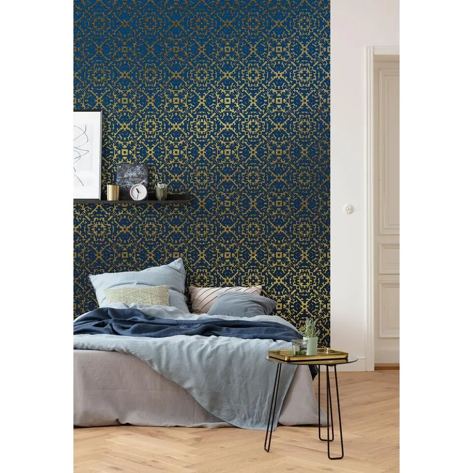 Sanders & Sanders fotobehang aztec blauw en goud - 200 x 280 cm