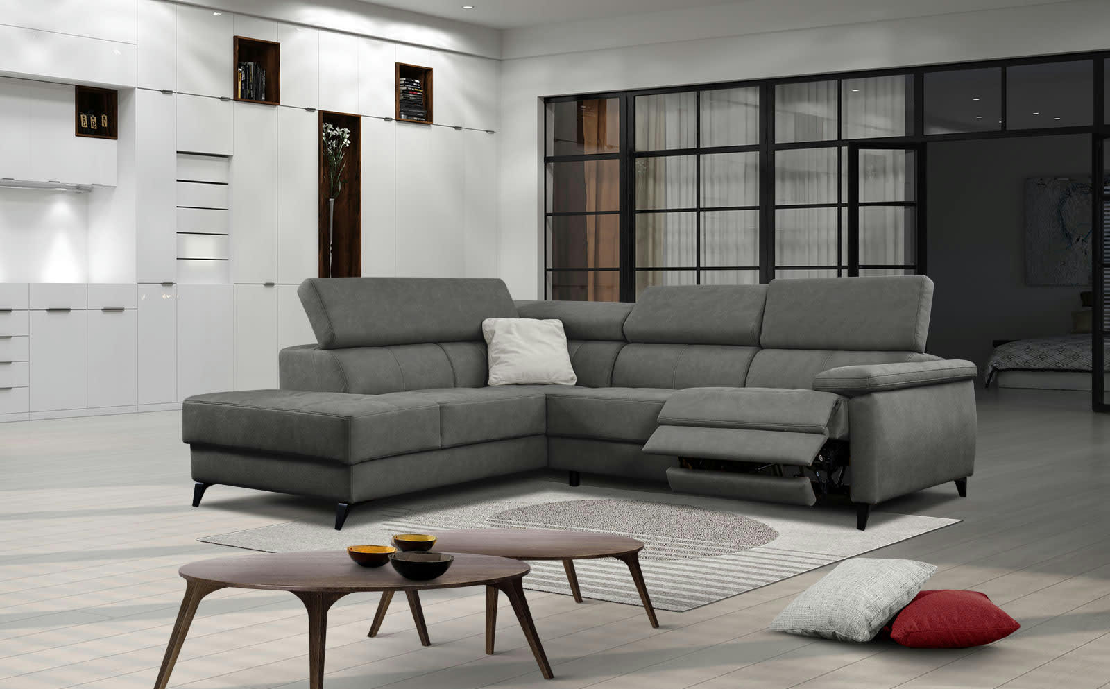 TAUNUS - Le canapé d'angle gauche 5 places gris foncé avec une relaxation