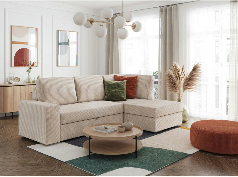 ARTEMIS - Canapé d'angle droit 3 places convertible en velours côtelé Beige