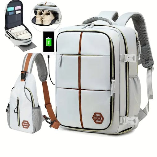 NNETM Travel Backpack with Airline-Approved Laptop Compartment and Shoes Compartment - Silver Gray and Chest Bag