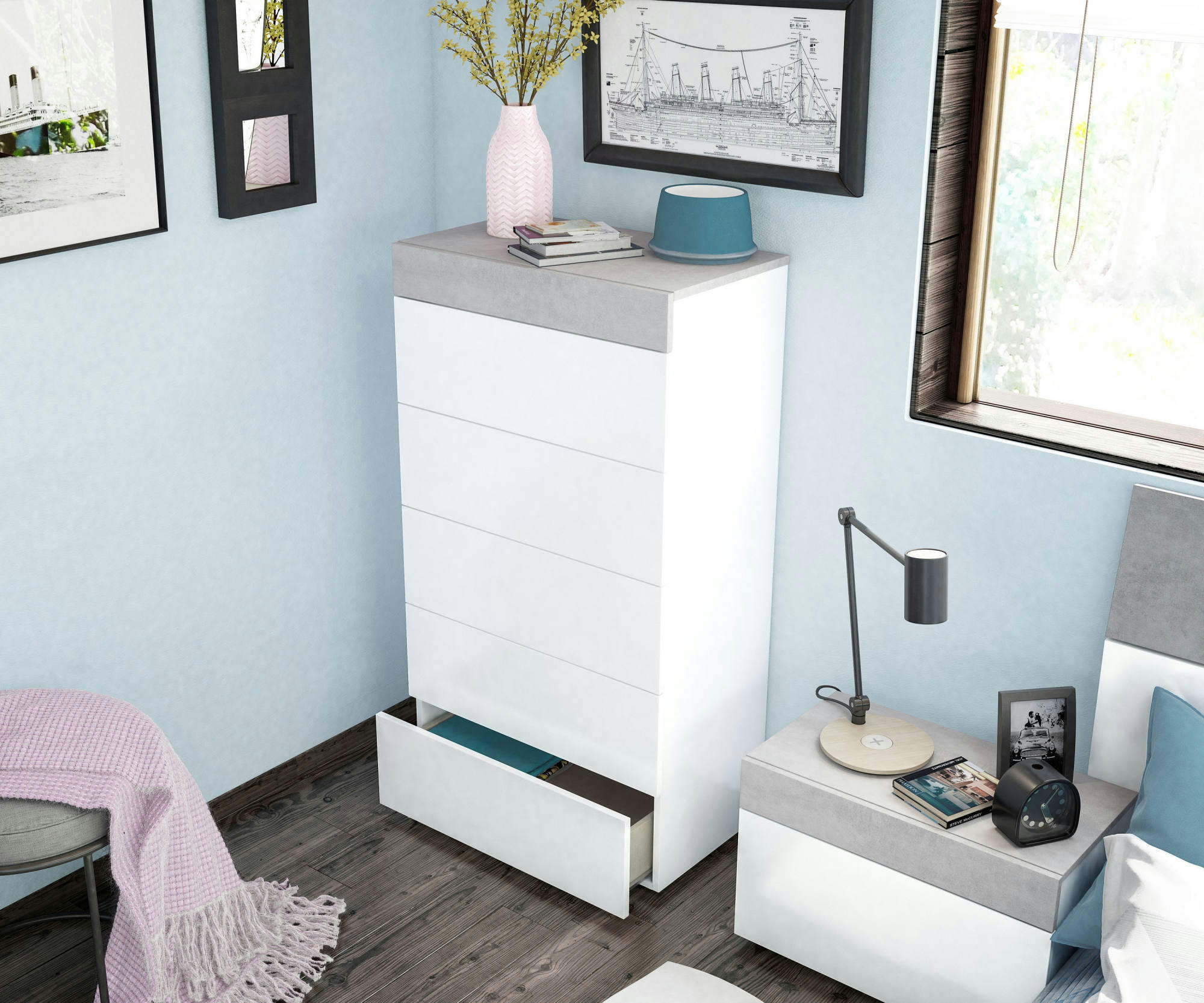 DFERRI - Commode 5 tiroirs effet bois blanc