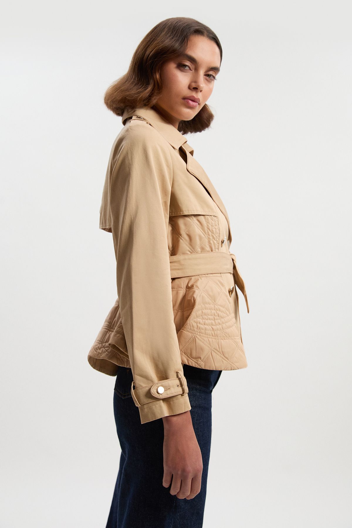 KarenMillen Quilted Padded Peplum Short Trench Coat