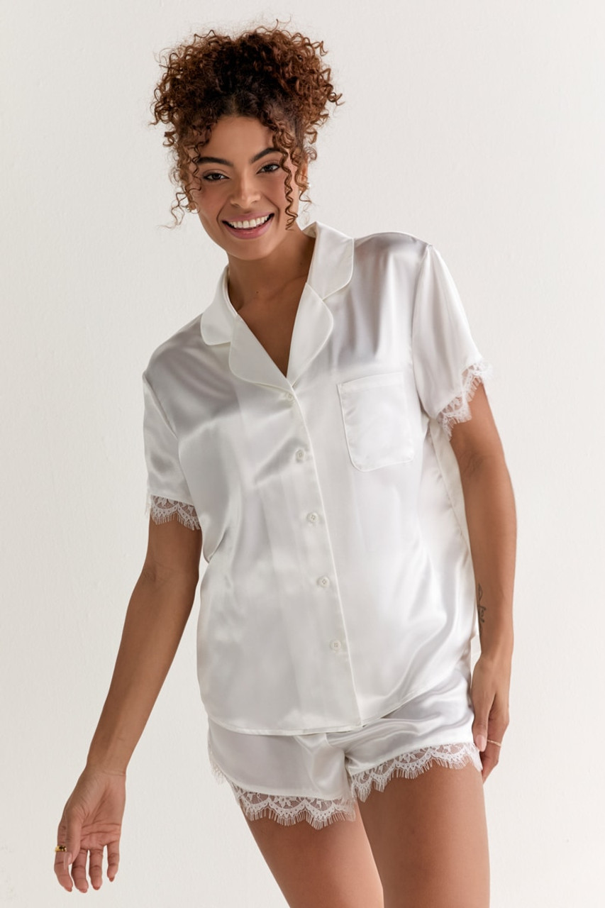Emilia Short Sleeve Lace Trim Satin PJ Set White