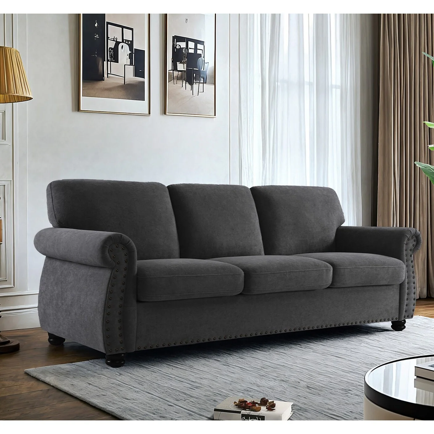 Soft Velvet Sofa, Upholstered 3 Seater Couch With High-Density Foam, Loose Back Cushions And Solid Wood Turned Legs