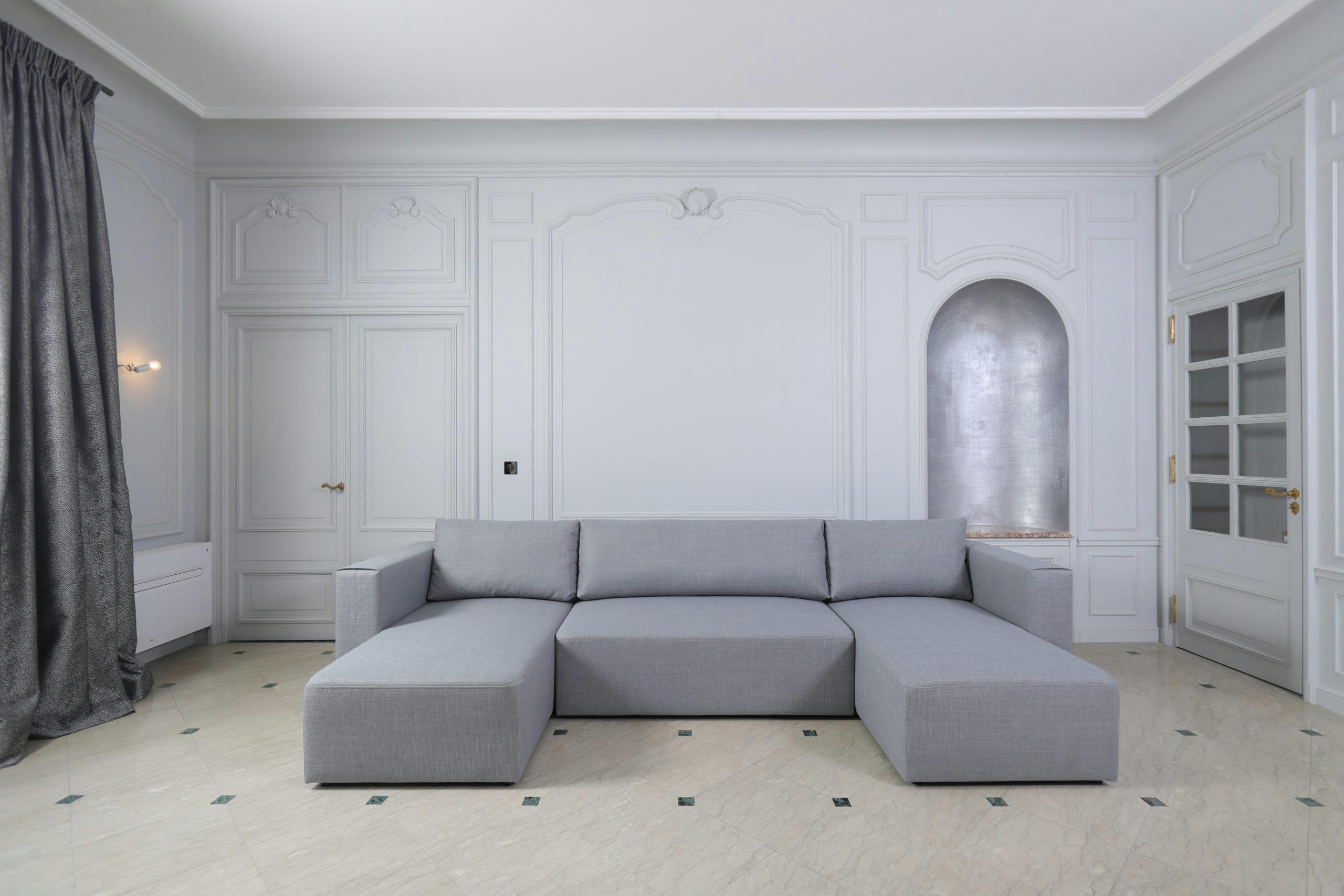 CARDINAL - Canapé panoramique modulable 7 places en tissu chiné gris