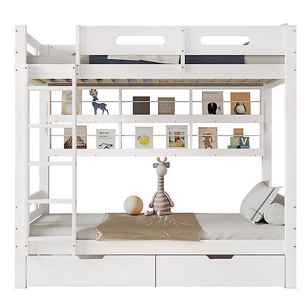 Lit superposé 90x200cm,blanc,pin/MDF,2 tiroirs roulettes,échelle 5 marches