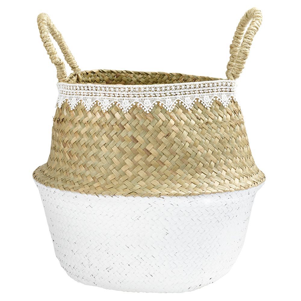 Panière en jute blanc naturel décor dentelle Ø28xH25 cm