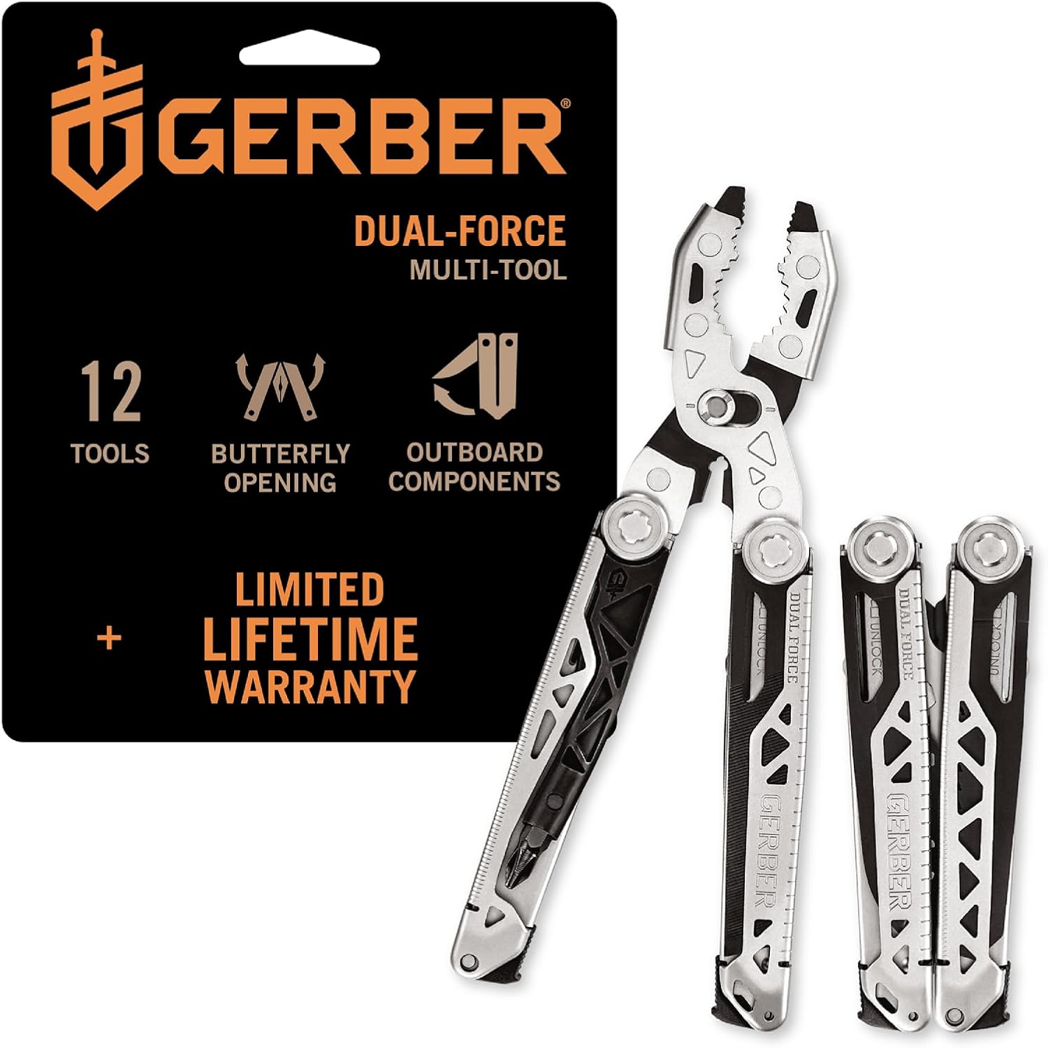 Gerber Gear Dual-Force Multitool - Heavy Duty, Center Axis Driver, Blunt Nose Pliers with Saw, Wire Cutters, Bit Storage, and More - Multi