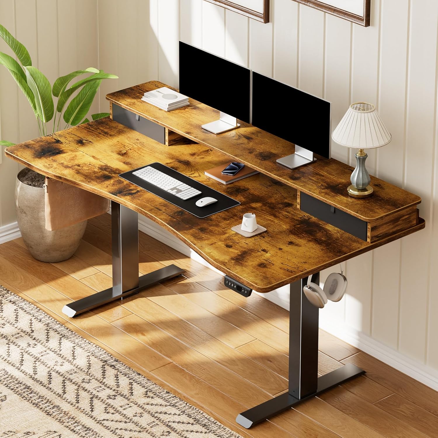Veken 47.2×27.6 Standing Desk with Storage Drawers, Adjustable Height Computer Table with Monitor Shelf, Home Office Desk for Study, Gaming, Workstation, Brown